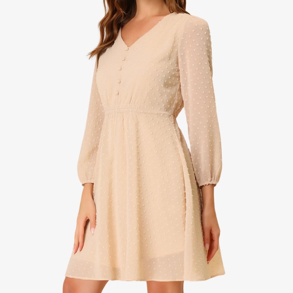Allegra K Swiss Dots elastic waist V neck Flowy ivory dress Sz XL